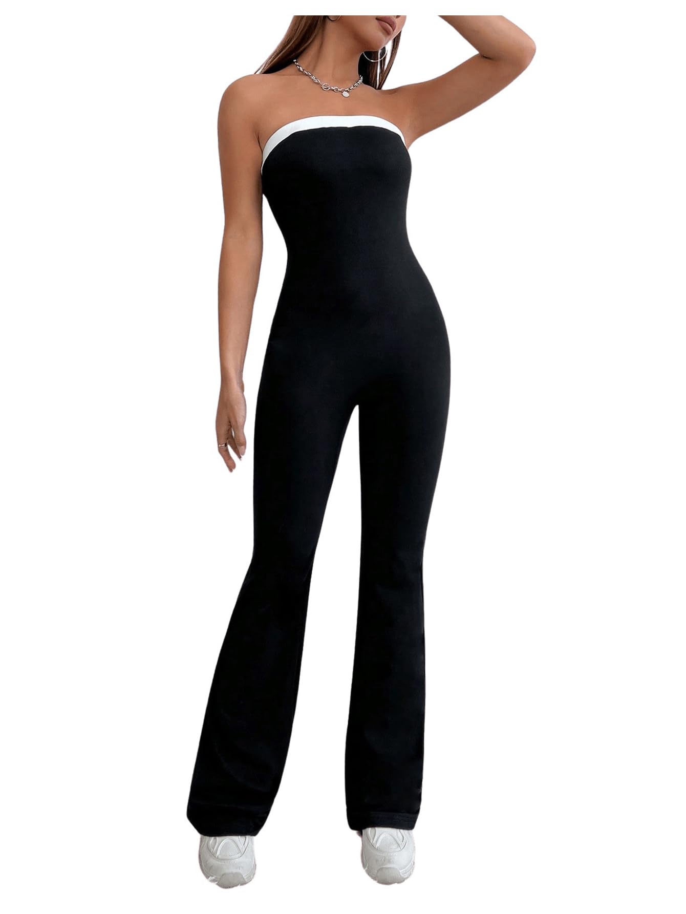 Photo 1 of WDIRARA Women's Strapless Sleeveless Flare Leg Tube Jumpsuit Contrast Binding Long Pants Black and White Small