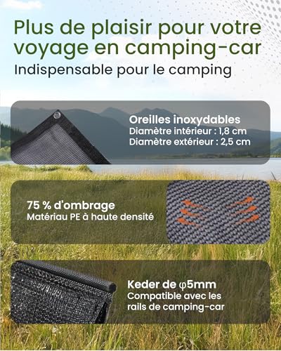 Ezcasch Sun Shade for Motorhome, Front Wall for Awning, 75% View Blocker Blinds, Sun Protection Privacy Protection for Camper, Caravan 2 x 3.7 m (HxL)