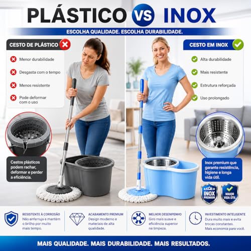 Mop Giratório com Balde e Centrífuga 360 com Cesto em Inox, 8 Litros, Sistema Lava e Seca, Eficiência e Durabilidade na Limpeza Diária de Todos os Tipos de Piso Para sua Casa
