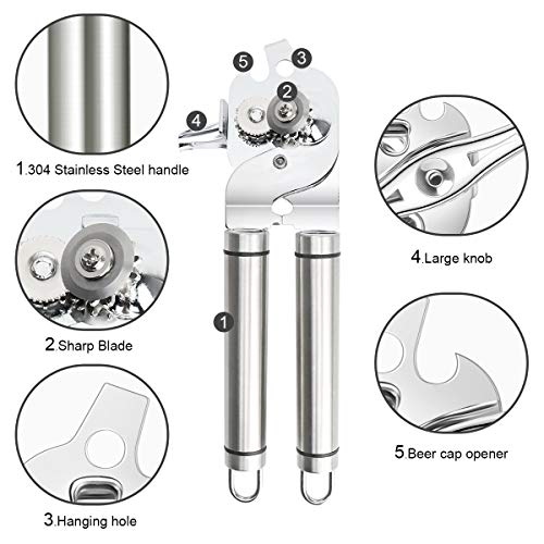 Stainless Steel Can Opener Manual Food-safe Good Gripswith Built-in Bottle Opener Smooth Edge Swing Away Comfort Grips (Silver) - Thumbnail 2