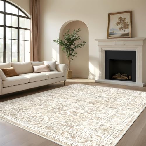 HOMFINE Beige Vintage Living Room Rug, 160 x 230 cm – Machine Washable Non-Slip Short Pile Soft Large for Living Room, Bedroom, Dining Room, Hallway