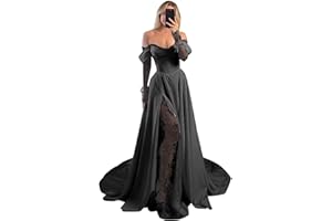 Rjer Off Shoulder Satin Wedding Dresses for Bride Lace Long Sleeve Prom Dresses Ball Gown