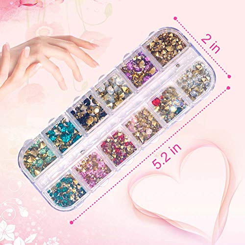 5 Boxes Nail Art Rhinestones Gold Silver Metal Nail Art Studs Rivets Nail Crystal Gems, Colorful Nail Art Rhinestones Nail Diamonds Kit with Tweezers and Wax Pen for Nail Art Supplies Accessories