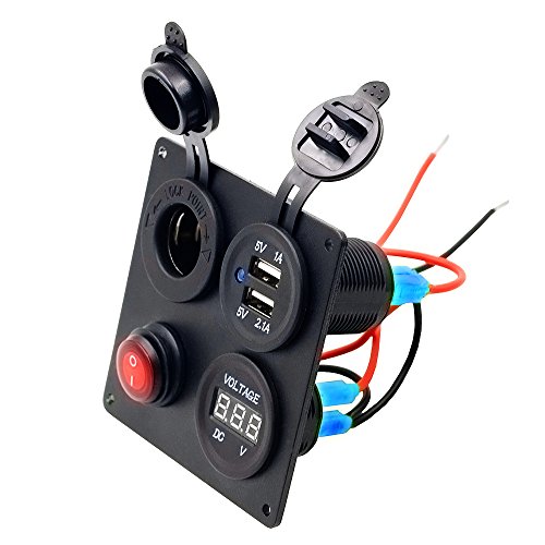 TURN RAISE Dual USB Charger Aluminum Switch Panel + LED Voltmeter + 12V Power Socket + ON-Off Button Switch Four Hole Panel for Car Boat Marine Truck Motorcycle RV ATV Vehicles GPS Mobile Phone