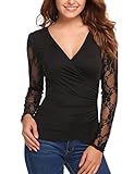 Women's Cross-front Blouse V Neck Lace Raglan Long Sleeve Tops