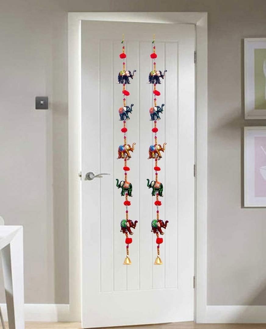 Indian Door Hanging Decorative Five Hand Painted Elephant Stringed Together with Beads and Small Bell