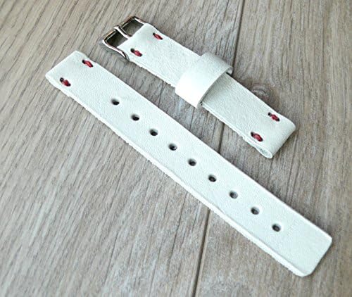 White Handmade wrist watch band, 16mm, 18mm, 20mm, 22mm Handcrafted wrist watch strap, white band with red linen thread, Swiss watch band, genuine leather watch bands, select from 14 colors.