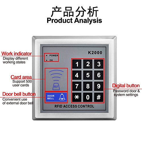 Standalone Access Control Keypad RFID 125KHz Card Reader Door Lock with 10 Proximity Key Fobs for Door Security System K2000