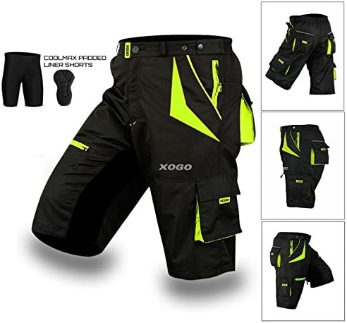 XOGO Cycling MTB Shorts, Coolmax Padded, detachable Inner Lining, Free Style Adult Size -Black/Fluorescent