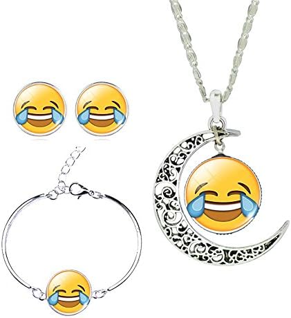 Regreat Funny Glass Crescent Hollow Necklace &amp; Emoji Stud Earrings &amp; Charm Bracelet Emoji Jewelry Sets (Laugh to tears)