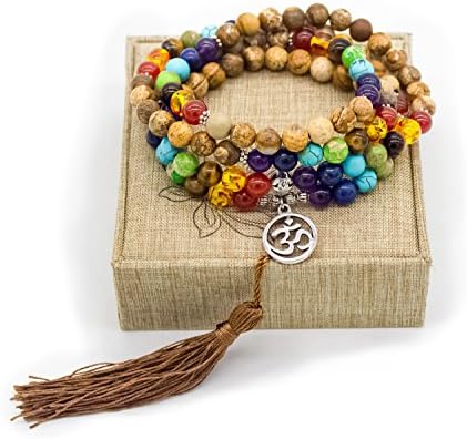 8mm Picture Jasper Stone 108 Buddhist Prayer Beads 7 Chakra Multilayer Mala Beads Om Bracelet Necklace