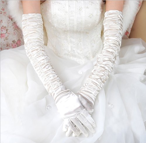 Unilove Long Opera Party 20s Satin Gloves Stretchy Adult Size Elbow Length 21.5" (White Normal Size)