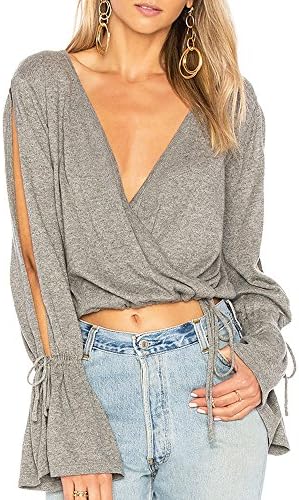 BKGMC Women Crop Top Long Sleeve Side-Open V Neck Tie Waist Loose Blouse Solid Gray S