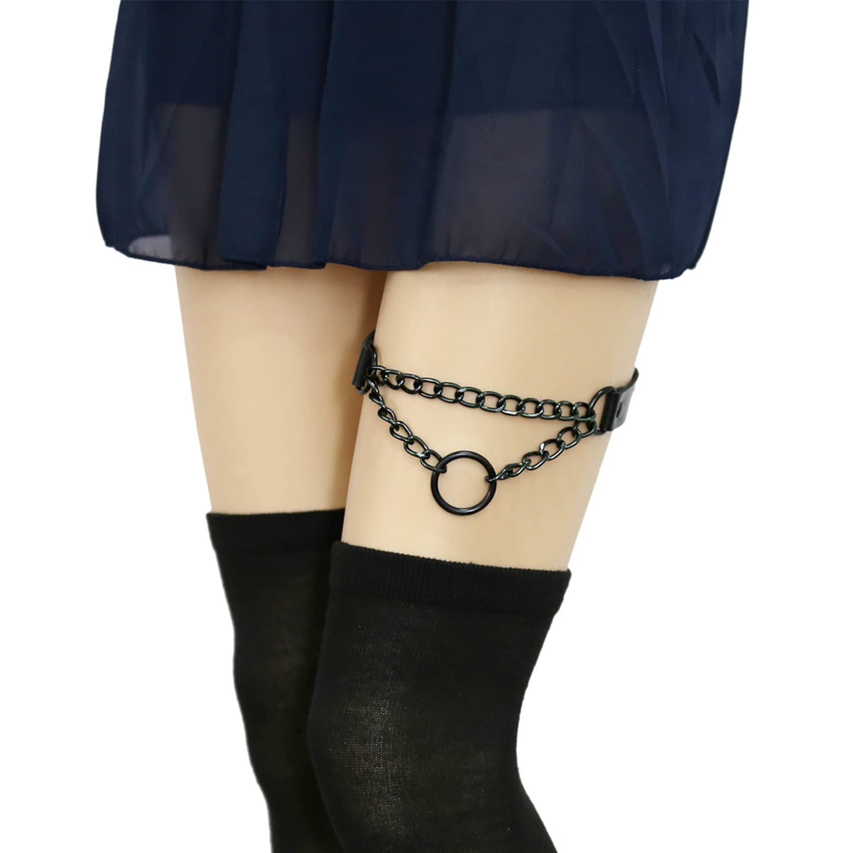 alisikee 2 Adjustable Leg Garters with O Ring Chains, Elastic Thigh Garter Belt for Women, Black 1, One Size, black 1