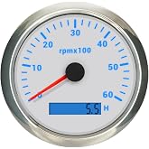 Alternator Tachometer 6K RPM Gauge 85mm REV Counter Hourmeter Waterproof with 7 Adjustable Backlights 12VDC 24V for Car Motorcycle Boat Yacht (White&amp;Silver, 0-6000RPM)