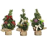 SUNREEK 3 Pieces Mini Artificial Christmas Tree with Ornaments - Perfect Christmas Decoration for Table and Desk Tops, Small 8inch/20cm Tall Christmas Pine Tree for Your Home or Office