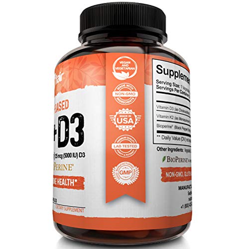 NutriFlair Vitamin K2 (MK7) with D3 5000 IU Supplement with BioPerine (Black Pepper) for Immune System Support, Strong Bones and Heart Health (90 Tiny Easy to Swallow Vegetable Capsules)