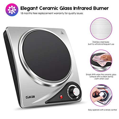 CUKOR Portable Electric Stove, 1200W Infrared Single Burner Heat-up In Seconds, 7.1 Inch Ceramic Single Hot Plate Cooktop for Dorm Office Home Camp, Compatible w/All Cookware