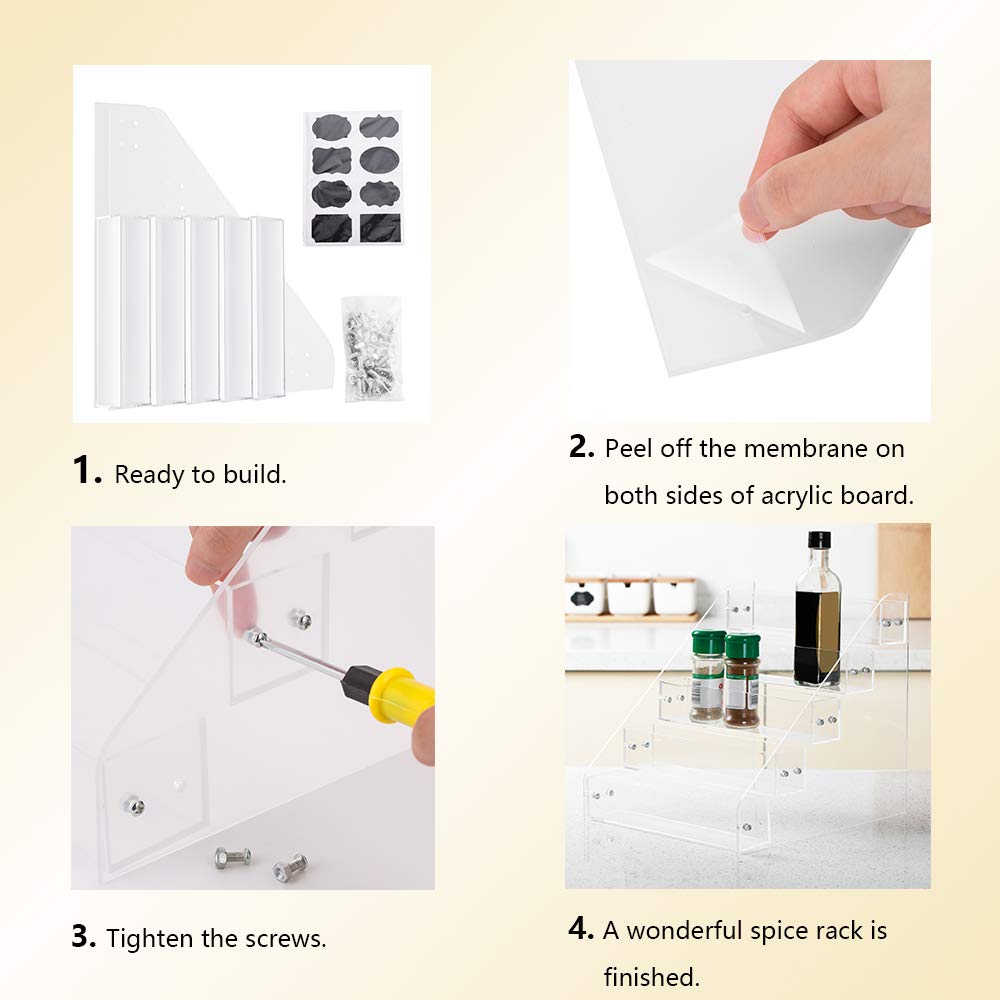 BANBLUE Acrylic Spice Rack Organizer - 5 Tiers Kitchen Seasoning Shelf Stand Holder ＆ Chalkboard Lables (40 pcs) Storage Stickers for Jars