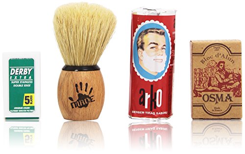 Shaving Set combination with Alum Bloc Osma, Shaving Factory XSmall Shaving Brush, Arko Soap and 5 Derby Extra Blades.