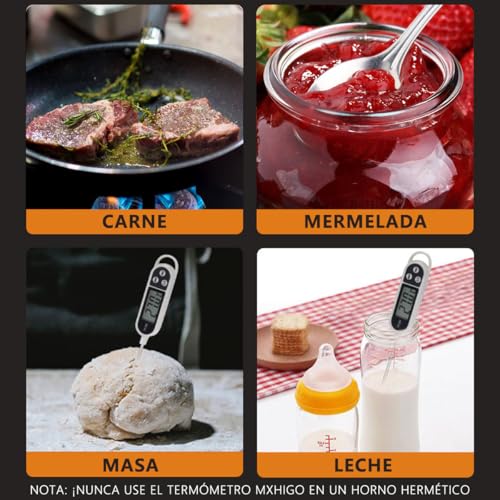 MXHIGO Termómetro Digital de Cocina para Carne, Termómetro de Lectura con Sonda de Acero Inoxidable, Termometro con Pantalla Digital para Parrilla Pollo Masa Almíbar Mermelada Mantequilla Leche Agua