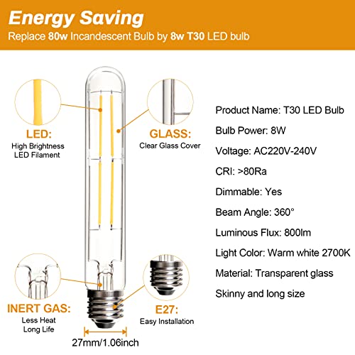 BRIMAX E27 LED Dimmable Bulbs 8W Equivalent to 80 Watt Warm White 2700K Edison Bulb AC230V T10/T30 LED Tubular for Rustic Hanging Baskets, Chandeliers, Wall Lights, 4Pack
