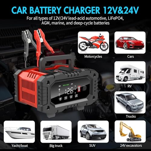LBOYLOVE® 20 Amp Car Battery Charger, 12V/24V Trickle Charger, LiFePO4 Lead Acid Fully Automatic Battery Maintainer with Battery Repair & Winter Mode for AGM, STD, Gel, Deep Cycle Batteries