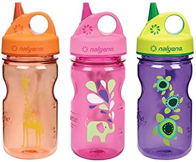 Nalgene Kids / Children's Grip-n-Gulp 12oz. Water Bottles, 3 Bottle Bundle Pack (Orange Giraffe, Pink Elephant, and Purple Sea Turtles)