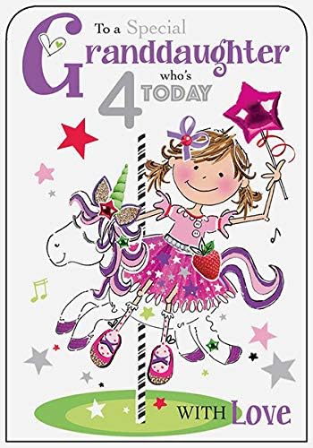Granddaughter 4th Birthday Card, red|yellow|white|black|pink, 229x 157mm