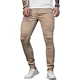 HUNGSON Men's Blue Slim Fit Jeans Stretch Destroyed Ripped Skinny Jeans Side Striped Denim Pants