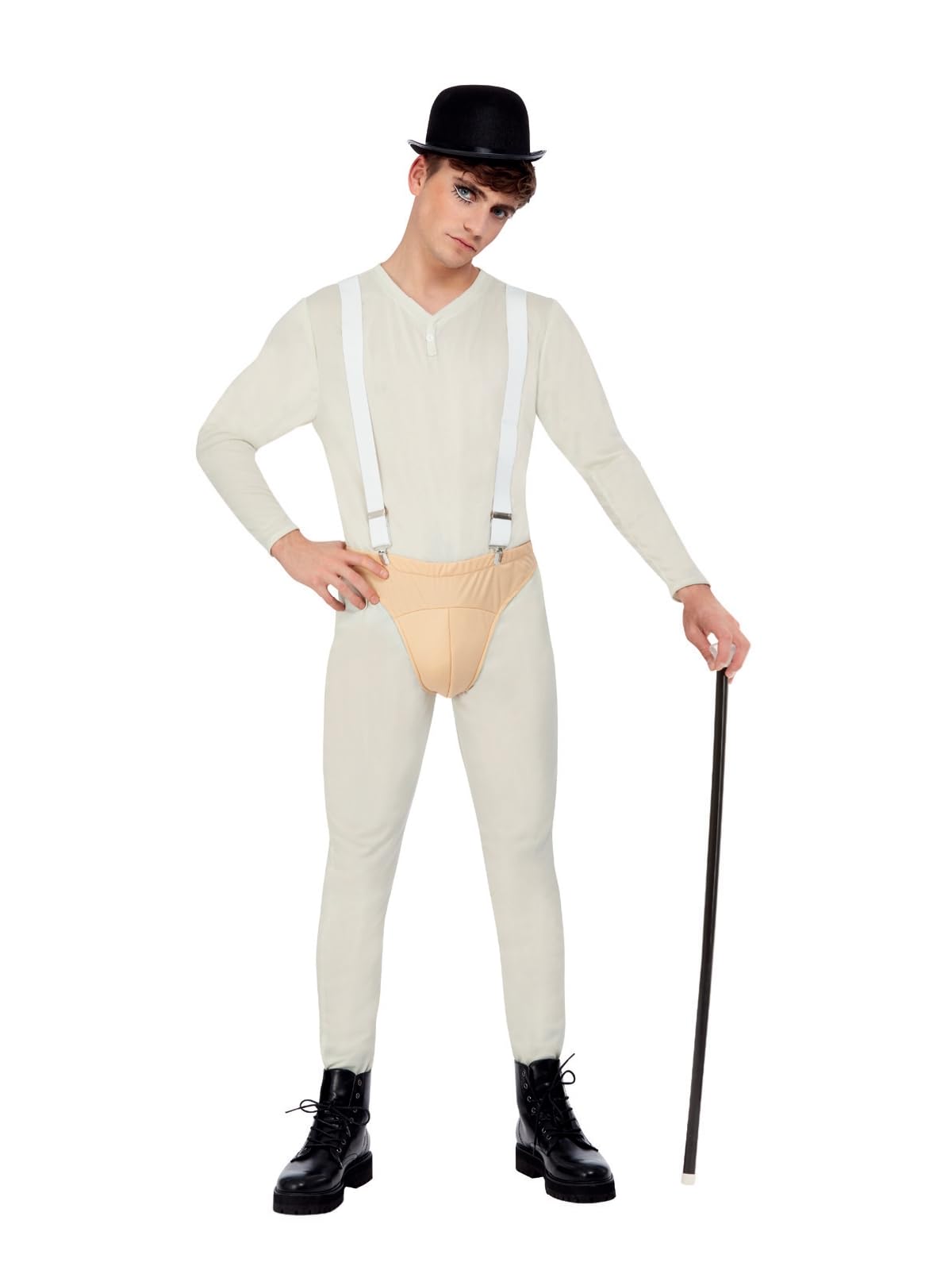 Smiffys Cult Classic Costume, White Bodysuit, Pants, Braces & Hat, Halloween Adult Fancy Dress, 1960s Dress Up Costumes