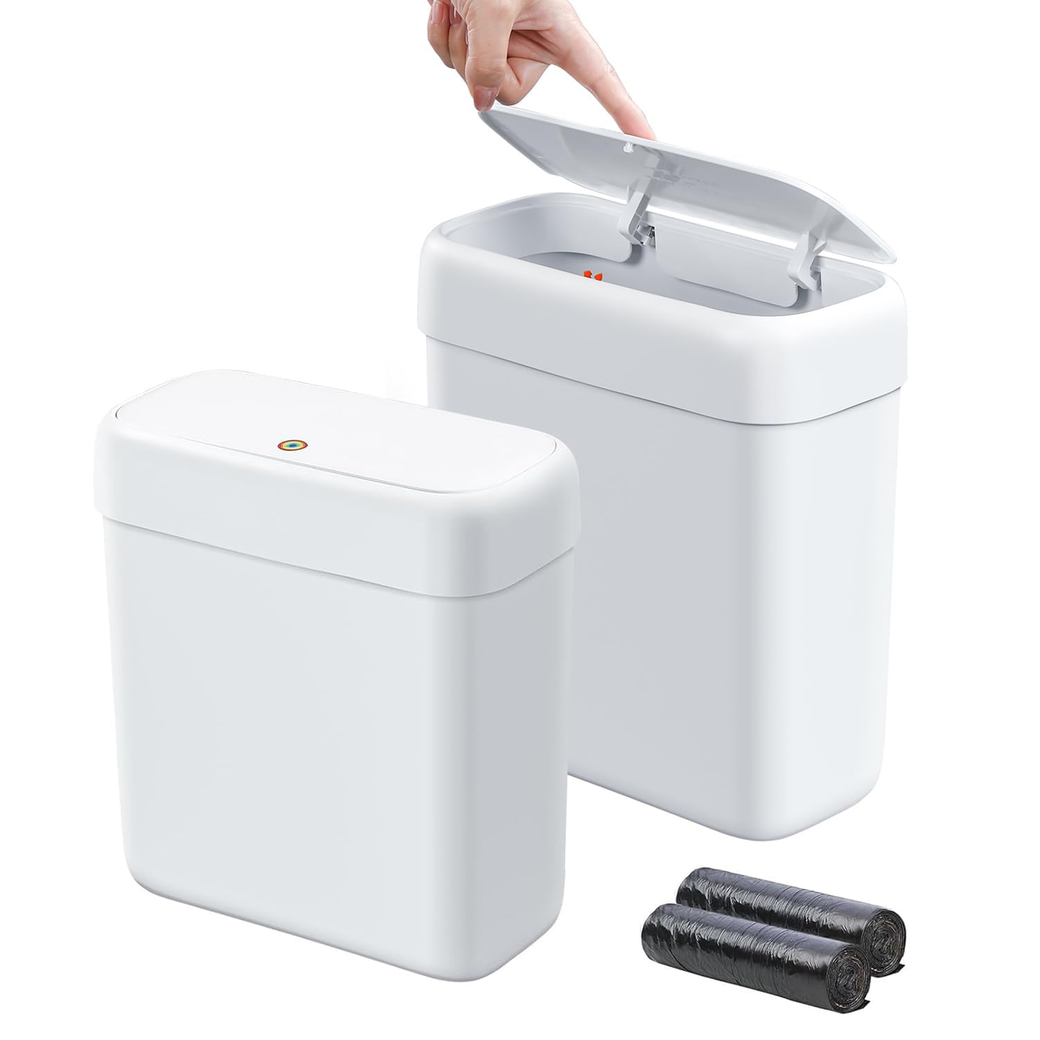 Photo 1 of funest 2 Pack Bathroom Trash Can with Lid, 3 Gal/12 L & 2.7 Gal/10L Garbage Can with Pop-Up Lid, Small Spaces Plastic Trash Can, Slim Trash Bin Waste Basket for Bathroom,Rv, Office, White