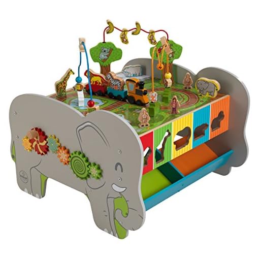 Top Rated Best Seller Kids Toddler Wooden Play Center Table Station Inter-Active Learning Activity Toy- Perfect Way For Your Kids To Develop Motor Skills- Push Beads Rolling Train Turning Gears More - Image 3