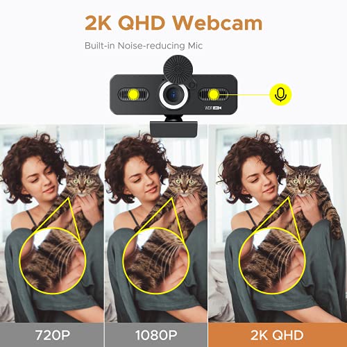 Truefree 2K QHD Webcam with Microphone, Adjustable Ring Light & Privacy Cover, Autofocus USB Web Camera, Plug and Play, 110° Wide Angle, for Mac Desktop Laptop, Streaming Webcam for Zoom/Skype/YouTube
