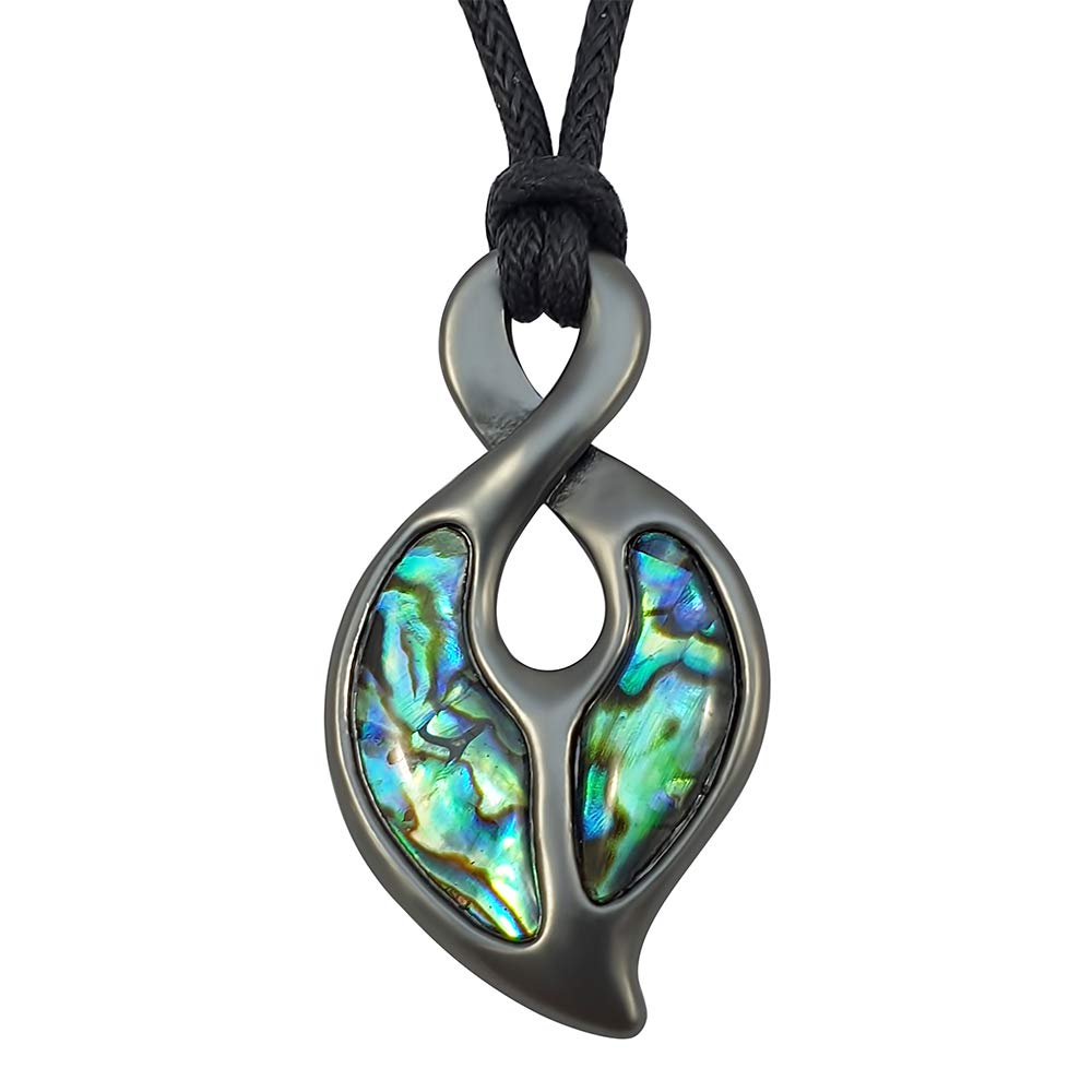 Kiara Jewellery Maori Twist or Pikorua Symbol Pendant Necklace Inlaid With Natural bluish Paua Abalone Shell on 16" - 18" Adjustable Black Cord. Unisex Haematite Finish.