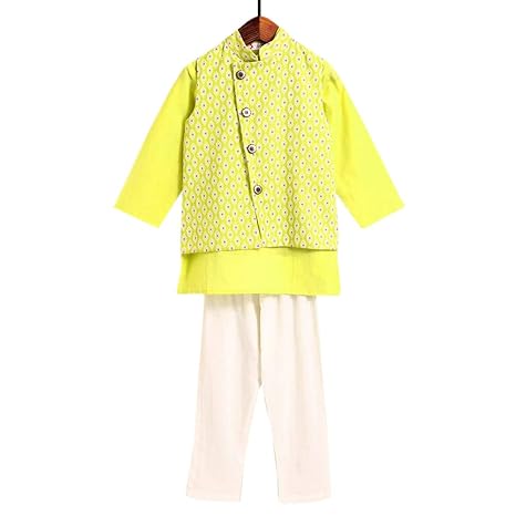 Amber By Hopscotch Boys Cotton Kurta With Buti Jacket And Pajama (Set Of 3) in Green Color