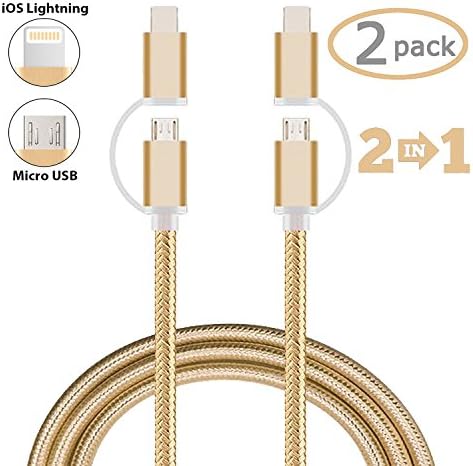 USB 2 in 1 Cable (2 Pack) Lightning and Micro USB Charging Cable Nylon Braided Durable MultiDevice Charger and Data Cable for iPhone 5s 6 6S 7 Plus Samsung Galaxy S7 Edge S6 S5 S4 Car Travel Gold