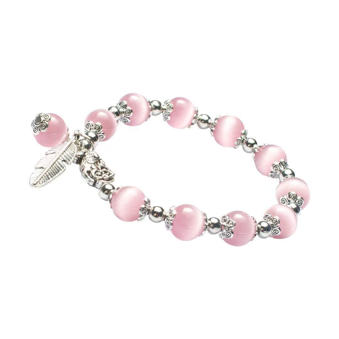 Feng Shui La mejor pulsera de cuentas de ojo de tigre natural de 0.394 in con colgante de Pi Xiu/Pi Yao chapado en plata para atraer a los ricos afortunados (rosa)