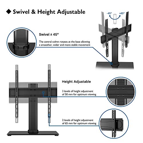 1home Table Top Pedestal TV Stand with Bracket for 26-55" LED LCD Screens Swivel & Height Adjustment - 8mm Tempered Glass Base with Anti-Slip Feet - Max VESA 400x400mm