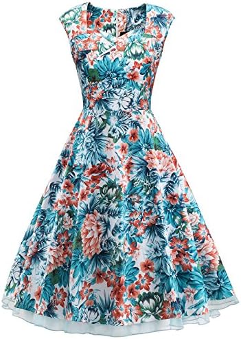 VOGTORY Womens 1950s Vintage Sleeveless V-Neck Garden Party Rockabilly Swing Dress, X-Large, Green-Flower