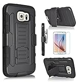 Starshop Slim Armor Hybrid Dual Layers Rugged Armor Soft Silicone Cover With Screen Protector Included for Samsung Galaxy S6 - Black/Black