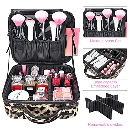 Large Cosmetic Bag, AIMEI Makeup Bag Professional Makeup Organizer Bag, Double Layer Waterproof Cosmetic Case for Women & Girl, Travel Toiletries Cosmetic Bag with Brush Pot & Durable Zipper (Leopard Print) S