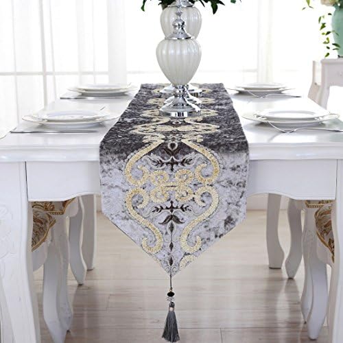 Luxury Jacquard Table Runners, Classic Embroidery Table Runner with Tassels For Dining Table Decoration Home Dining, 12 x 83 Inch (Gray)