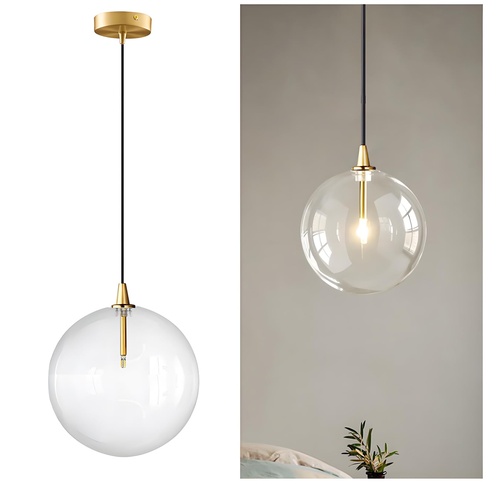 Photo 1 of XIRYTU-H Minimalist Transparent Glass Ball Pendant Light in Gold Finish, Height Adjustable G4 LED Ceiling Haning Light for Dining Room & Living Room (5.9'')