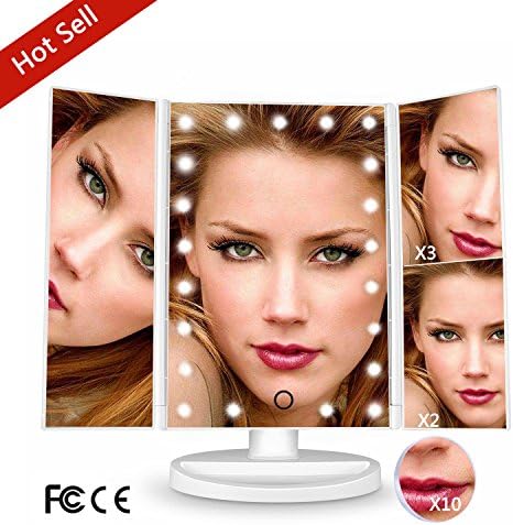 LED Vanity Mirror, Professional Dimmable Trifold Makeup Mirror with 21 Led Lights, Touch Screen, 1×2×3×10x Magnifying, 180°Adjustable, USB Charging for Cosmetic Make Up, Bathroom,Lighted-White