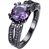 ASFKIPMF Black CZ Fashion Amethyst Purple Birthstone Ring Round Cut 10KT Bridal Sets Black Gold Plated Womens Wedding Ring Sets Green Cz Engagement Ring Wedding Rings Band Size 7