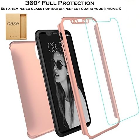 IPhone X Case 360° All-around Ultra Thin Full Body Coverage Protection Dual Layer Shell Hard Slim Case and Tempered Glass Screen Protector For iPhone X (Pink)