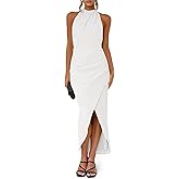 Fisoew Womens Halter Neck Party Dress Sleeveless Slit Textured Backless Sim Fit Ruched Sexy Midi Cocktail Dresses