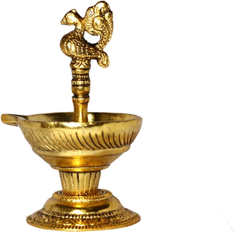 Ecommall Diya for Puja Peacock Design Brass Deepak Oil Lamp akhand Diya in Pooja Item Home Decor Fengshui Gift (Golden, Size – 5 Inch)
