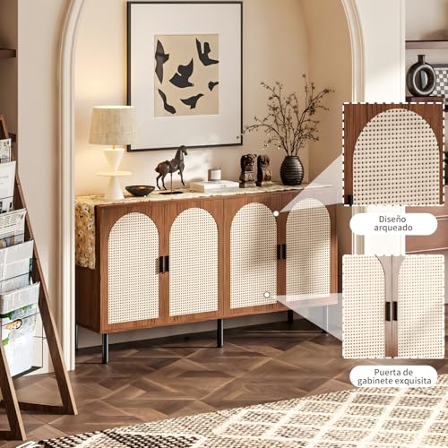 Simple Wisdom Alacenas para Cocina 1.2 M,Bufetera Mueble con 4 Puertas,Credenza Bufetera con 4 Puertas de Ratán Natural,para Cocina, Comedor, Sala de Estar. (Color Nogal)